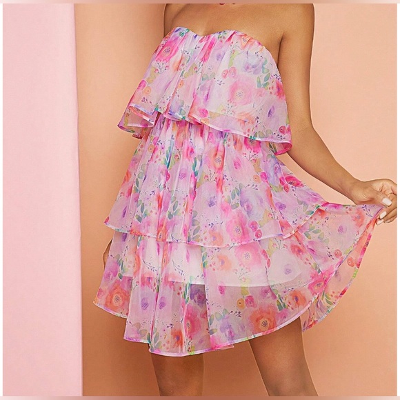 By Design Dresses & Skirts - LAST ONE 🔥 Boho Floral Print Layer Hem Cami Dress Pink